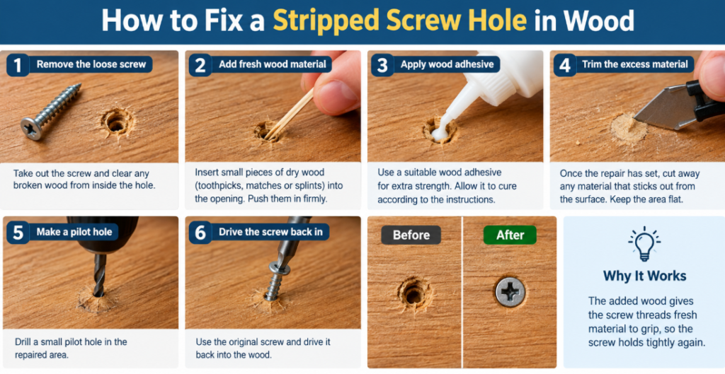 how to fix a stripped screw hole wood